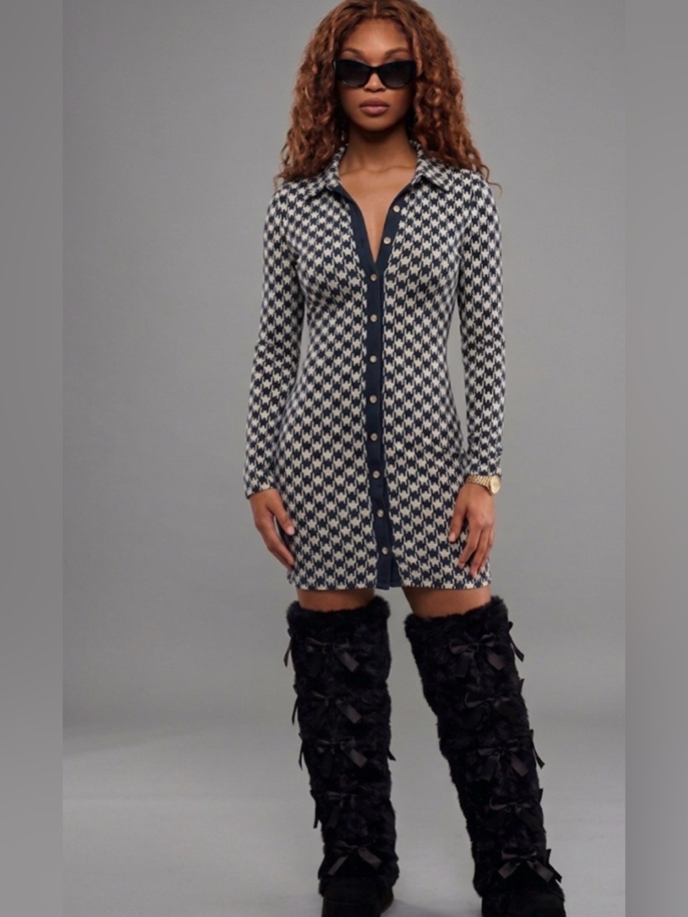 Button-Front Houndstooth Knit Dress in Navy and Cream